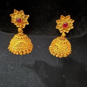 Gold and Red Floral Jhumka Earrings
